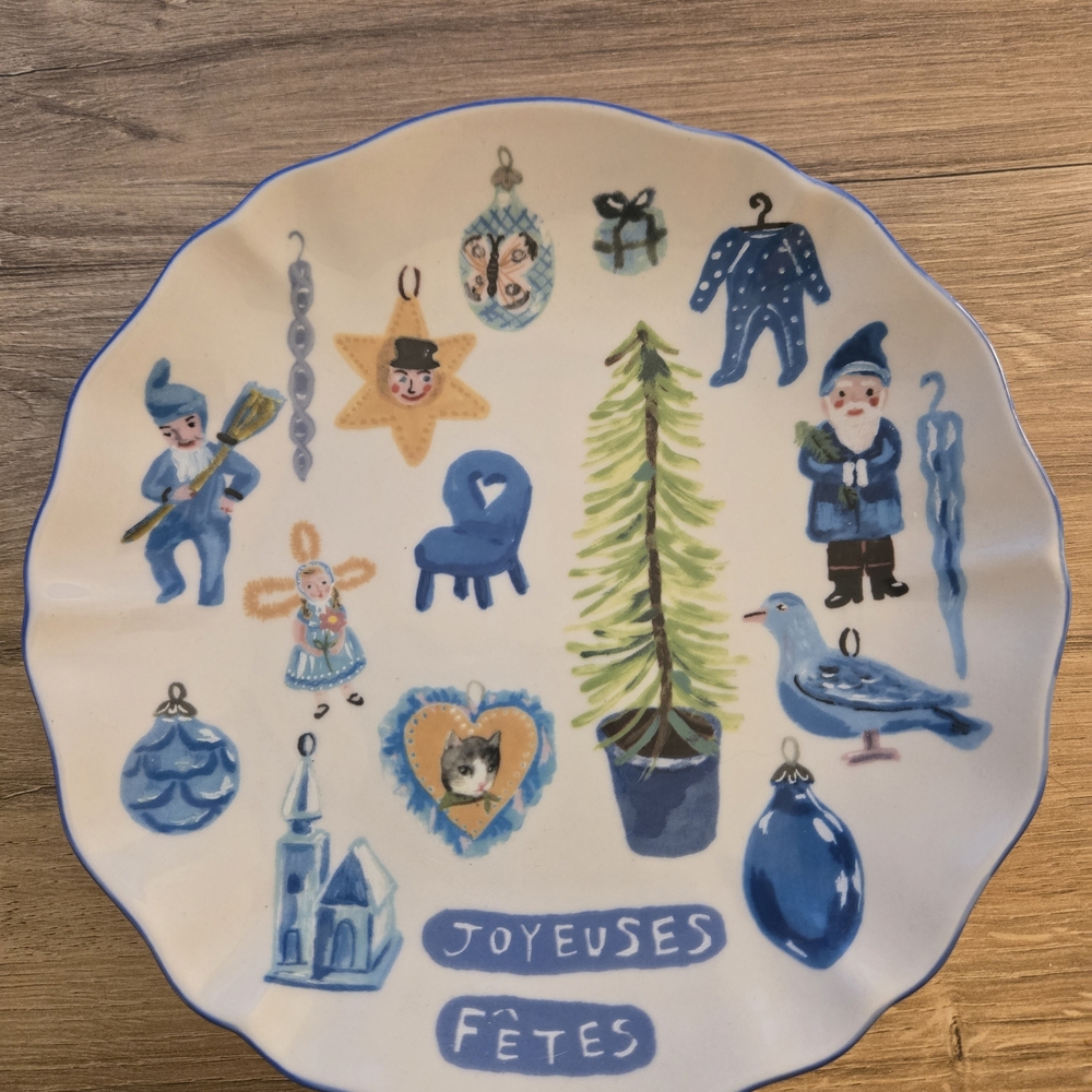 Anthropologie Joyeuses Fêtes Ceramic Plate with Blue and Gold